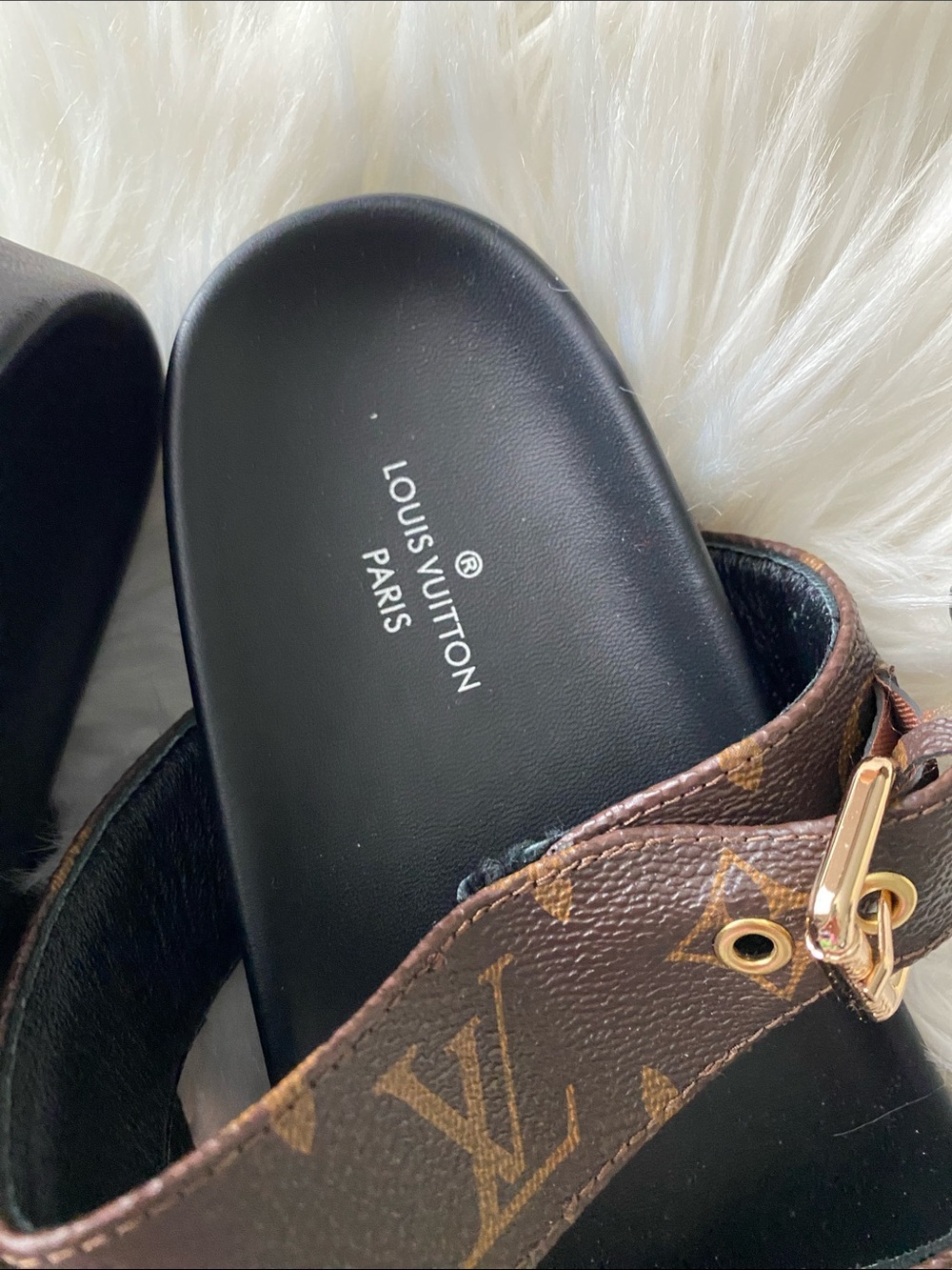 Louis Vuitton Monogram Double Buckle Slides - Brown & Black with Gold Hardware - Picture 3 of 10